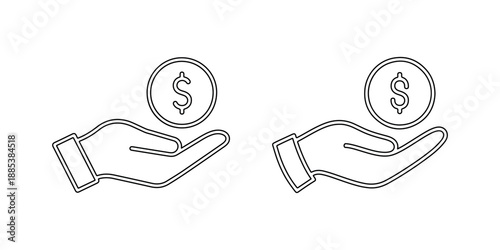 Hand holding dollar coin vector outline icon set showing concept of payment saving investment and financial transaction with currency symbol