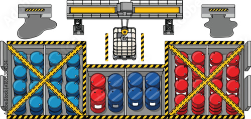 Industrial scene with blue and red trucks on conveyor belts moving through a factory