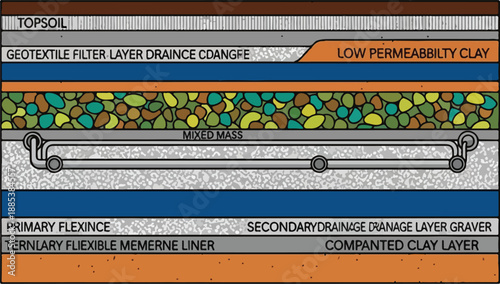 A detailed diagram of a layered landfill construction featuring a geotextile filter layer, drainage, and multiple liners in a cross-sectional view