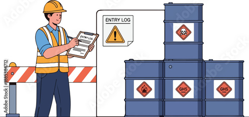 Worker in safety gear inspecting hazardous material containers at industrial site