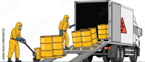 Workers unloading yellow barrels from truck in hazmat suits