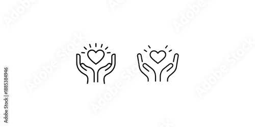 Hands holding a heart icon in black and white line art with two variations showing different styles on a clean white background