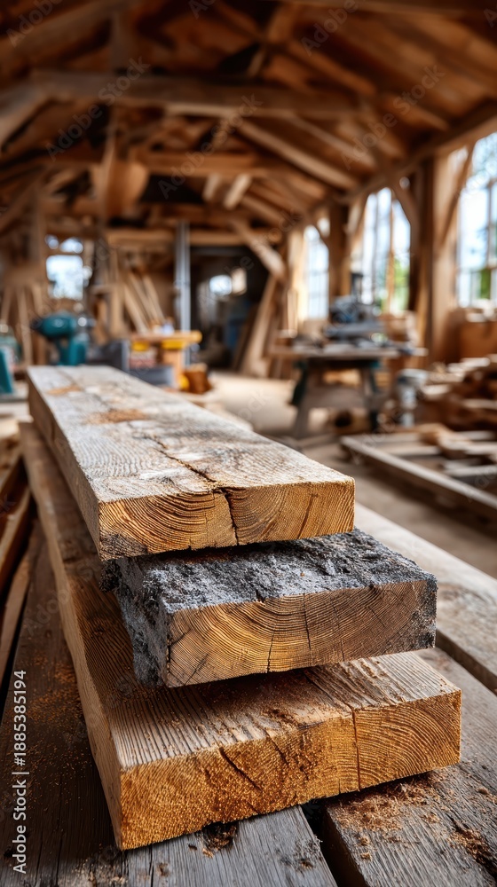 Obraz premium A stack of rough pine boards sits in a cluttered carpenter's workshop, surrounded by various woodworking tools and equipment. The rustic lumber is ready for use in building projects.