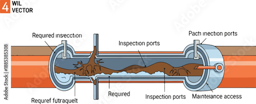 A detailed illustration of a corroded pipe's internal inspection ports and maintenance access via RJ Whisk Auto technology