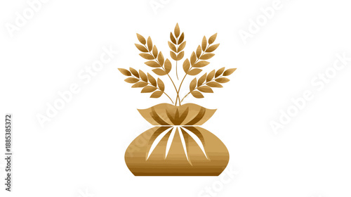 A stylized illustration features wheat stalks sprouting from a tied bag. The artwork is simplistic and symmetrical