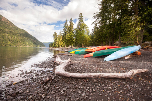 Kayaks on the shore of Lake Crescent in the Olympic National Park.