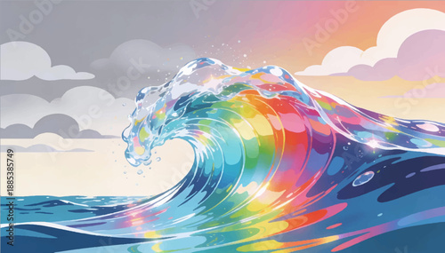 A vector vivid illustration of a crystal-clear wave in the sea, shimmering with all the colors of the rainbow, against a backdrop of a cloudy sky_03.