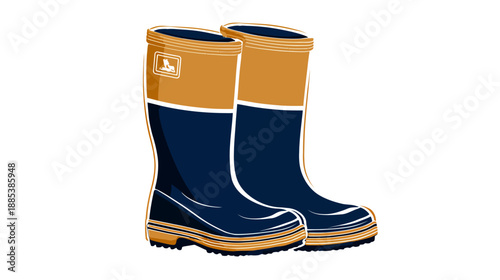 Illustration of two tall rubber boots. One is positioned slightly behind the other. The boots are navy and tan