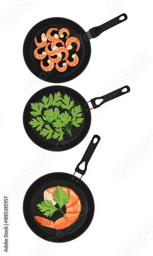 Cooked shrimp vector, frying shrimp silhouette illustration, collection vector of shrimp on pan, cooked shrimp isolated on white