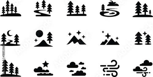 A collection of stylized black icons representing natural landscapes including forests, mountains, and celestial bodies