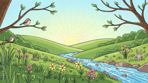 Vibrant spring landscape with a winding river blooming wildflowers and birds on branches symbolizing new beginnings and natures awakening