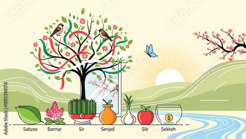 Haft-Seen table with traditional elements for Nowruz celebration including Sabzeh Samanu and Sib set against a spring landscape with a sunrise
