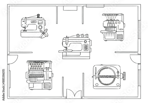 Illustrative Top View Of Small Atelier Workspace Layout Featuring Multiple Sewing Embroidery Machines For Fabric Crafting Production Studio layout