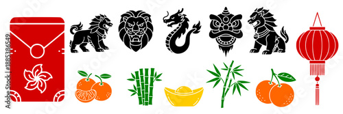Set of 12 colorful vectors in traditional Chinese style for Lunar New Year graphic design: Asian cultural symbols including lions, dragons, bamboo, gold ingot, red lantern, red envelope, and mandarins