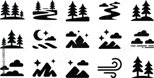 A compilation of monochrome pictograms depicting various aspects of natural scenery and atmospheric phenomena