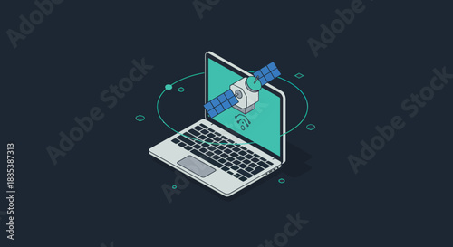 Isometric laptop displaying a satellite orbiting above a WiFi symbol against dark background
