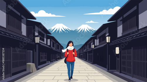Vector illustration of a woman walking down a traditional Japanese street with Mount Fuji in the background, 237.eps