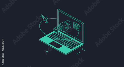 Isometric line art of a laptop connecting to a satellite via a modular device