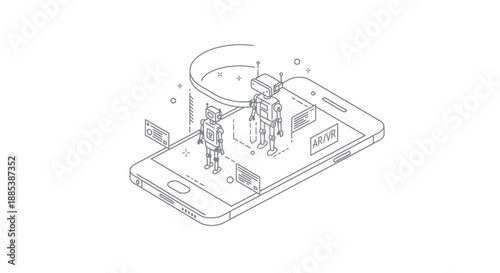 Isometric line art of robots projected from a smartphone screen labeled ARVR