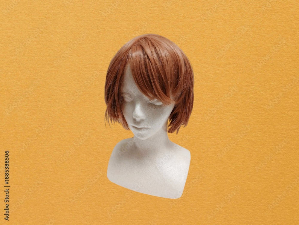 Φωτογραφία The yellow background in the image shows a white mannequin head with short, copper-colored hair, made of high-quality plastic, used for display and sale of the beautiful wigs