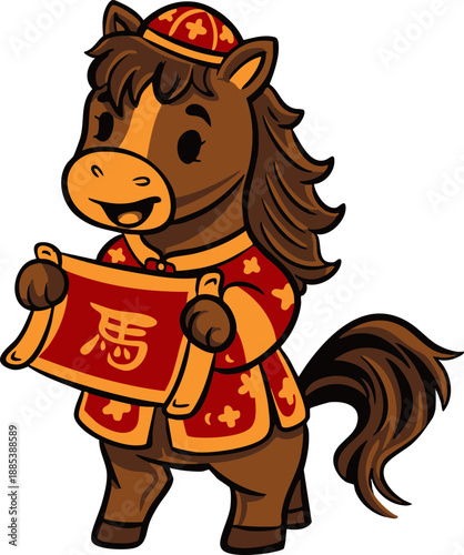 Charming cartoon Chinese Zodiac horse character joyfully celebrating Lunar New Year, adorned in vibrant traditional festive attire, holding a symbolic scroll signifying good fortune and prosperity