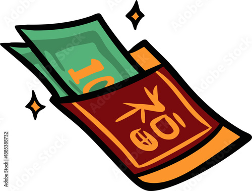 Vibrant red envelope illustration filled with money, sparkling with good fortune and prosperity, symbolizing financial blessings and festive celebrations