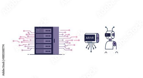 Server rack sending data via circuit lines to ARVR chip and robot