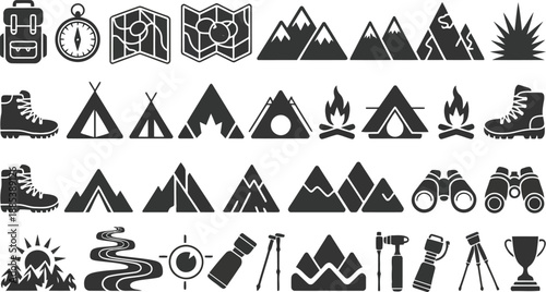 A comprehensive collection of black silhouette icons depicting various outdoor adventure and camping equipment