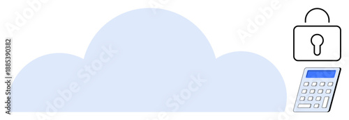 Cloud security, data encryption, technology, access control, online storage, secure digital access. Large cloud, lock symbol calculator. Cloud security and data encryption