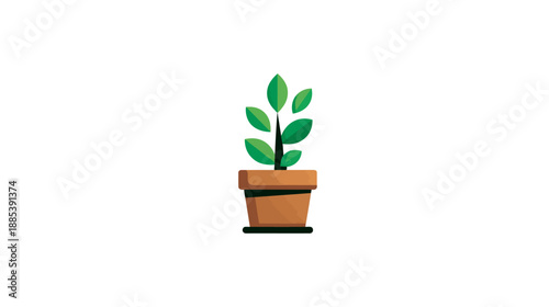 A cartoon illustration of a potted plant with green leaves and a brown pot on a white background