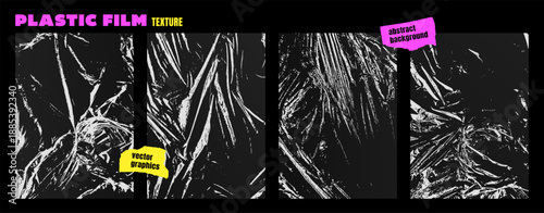 Set of wrinkled polyethylene textures. Textured crumpled plastic bag. Stretched cling film for brutalism design. Grunge vector graphics of cellophane packaging for template, poster, print, cover
