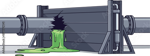 Green liquid spills from pipe onto industrial floor with dark substance