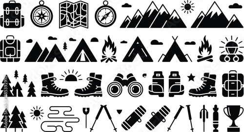A comprehensive set of black silhouette icons for all aspects of outdoor adventures and camping