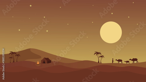 Stunning Arabian Desert Night Landscape Vector Illustration with Full Moon Glowing Stars and Camel Caravan Silhouette