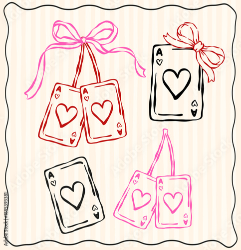 Whimsical Coquette Valentine Ace of heart card cherries elements with ribbon bow outline wavy hand drawn with vintage retro vibe set