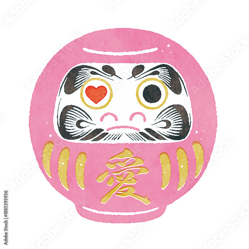 恋愛成就を願うピンクの恋愛達磨イラスト｜縁結び・愛の日本縁起物素材