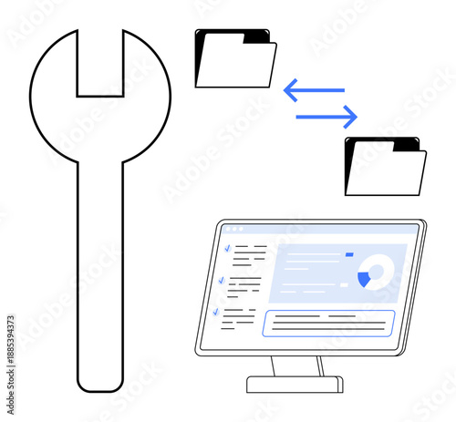 Data transfer, teamwork, file organization, software development, IT infrastructure, and collaboration. Wrench, file folders with arrows and a computer monitor. Data transfer and teamwork concept