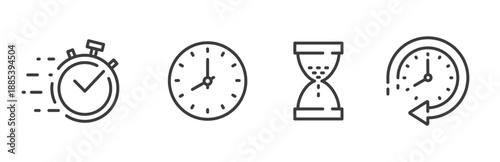 clock icons, icon set of clock, stopwatch, hourglass, time concept, line vector art