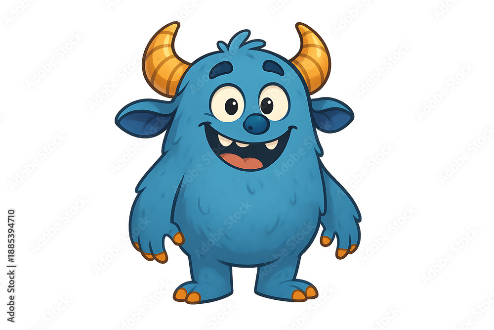 Fototapeta premium Happy furry blue monster with orange horns standing and smiling 2D character design