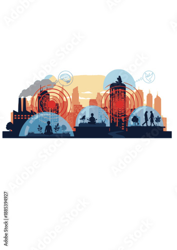 Acoustic City Design Silhouette, Noise Pollution Reduction and Urban Soundscape, Mental Health and Quiet City Infrastructure Vector