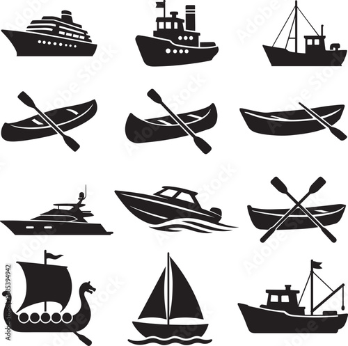 Boat and watercraft silhouette vector icon set bundle for marine nautical transportation design
