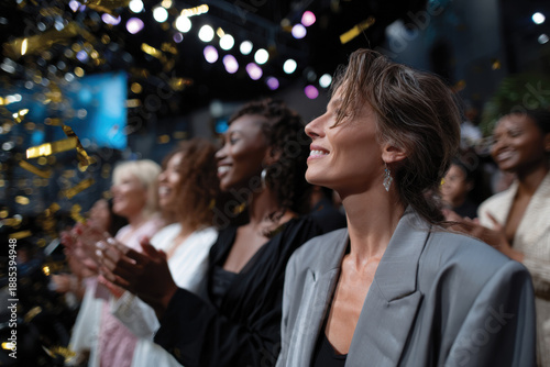 A group of diverse women joyfully claps together, celebrating a significant moment at an event with confetti in the air, expressing enthusiasm and unity within the community.
