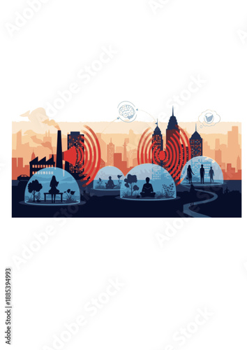 Acoustic City Design Silhouette, Noise Pollution Reduction and Urban Soundscape, Mental Health and Quiet City Infrastructure Vector