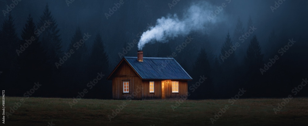 Fototapeta premium A cozy cabin puffing smoke like a friendly hug in the chilly woods