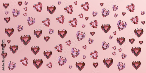Sparkling heart shaped gemstones scattered on a pink background.