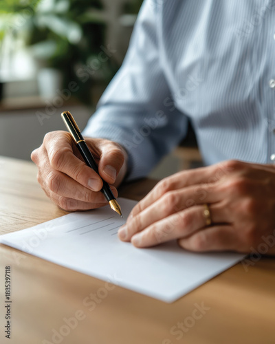 A close-up shot of a person's hands elegantly writing with a fountain pen on pristine paper, emphasizing the beauty of handwritten words and personal expression.