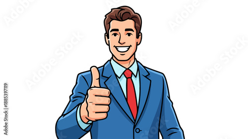 Cartoon man in blue suit giving a thumbsup sign