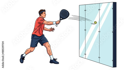 Padel player executing a forehand return against a glass wall