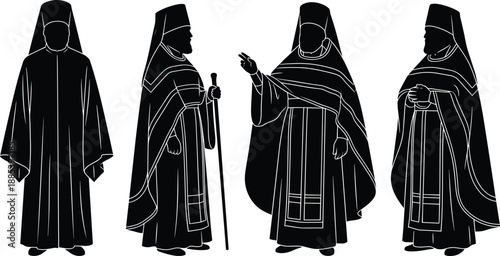 Religious clergy silhouettes collection, traditional priest and monk robes vector illustration depicting spiritual leadership, historical costume, faith symbolism and ceremonial attire