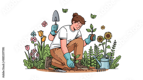 Person kneeling in garden planting a seedling with a trowel and surrounded by flowers